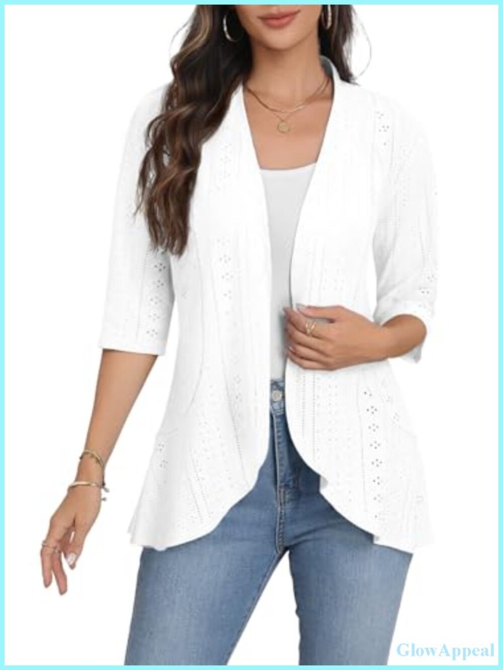 Women Cardigan 3/4 Sleeve Open Front Lightweight Netted Knit Ruffled Kimono